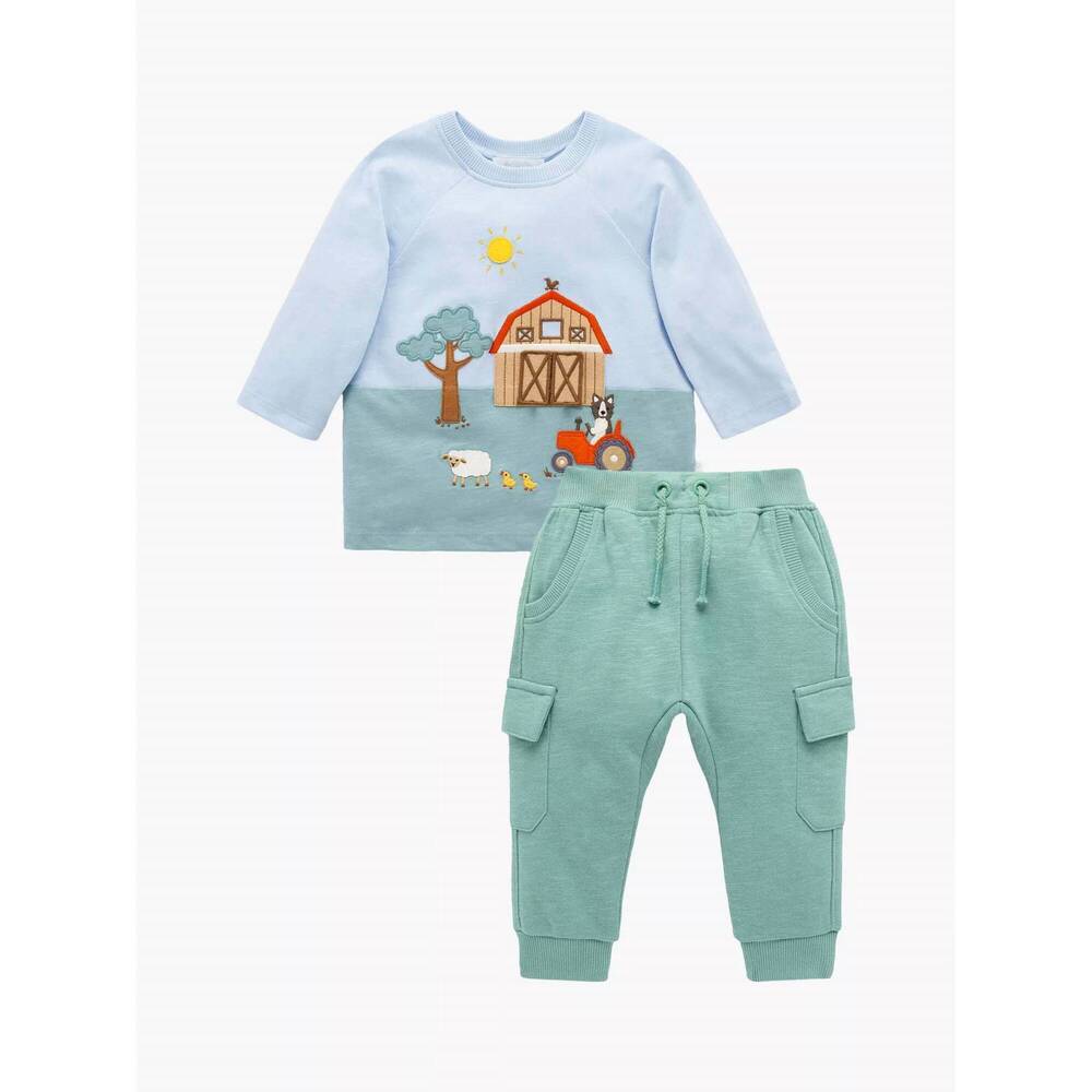 NEW PUREBABY baby cotton farm life t-shirt and trouser set in country air